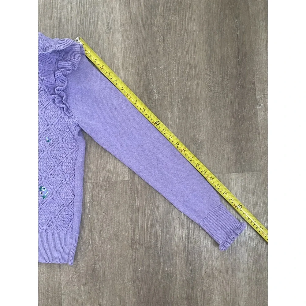 Lavender Fields Ruffle Floral Sweater Sz M Shirt Cottage Cozy Girly Soft Grandma